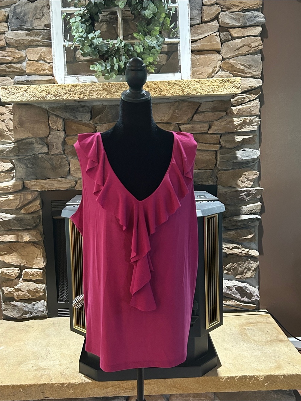 Women's Ruffle V-Neck Tank Top - Fuchsia Pink